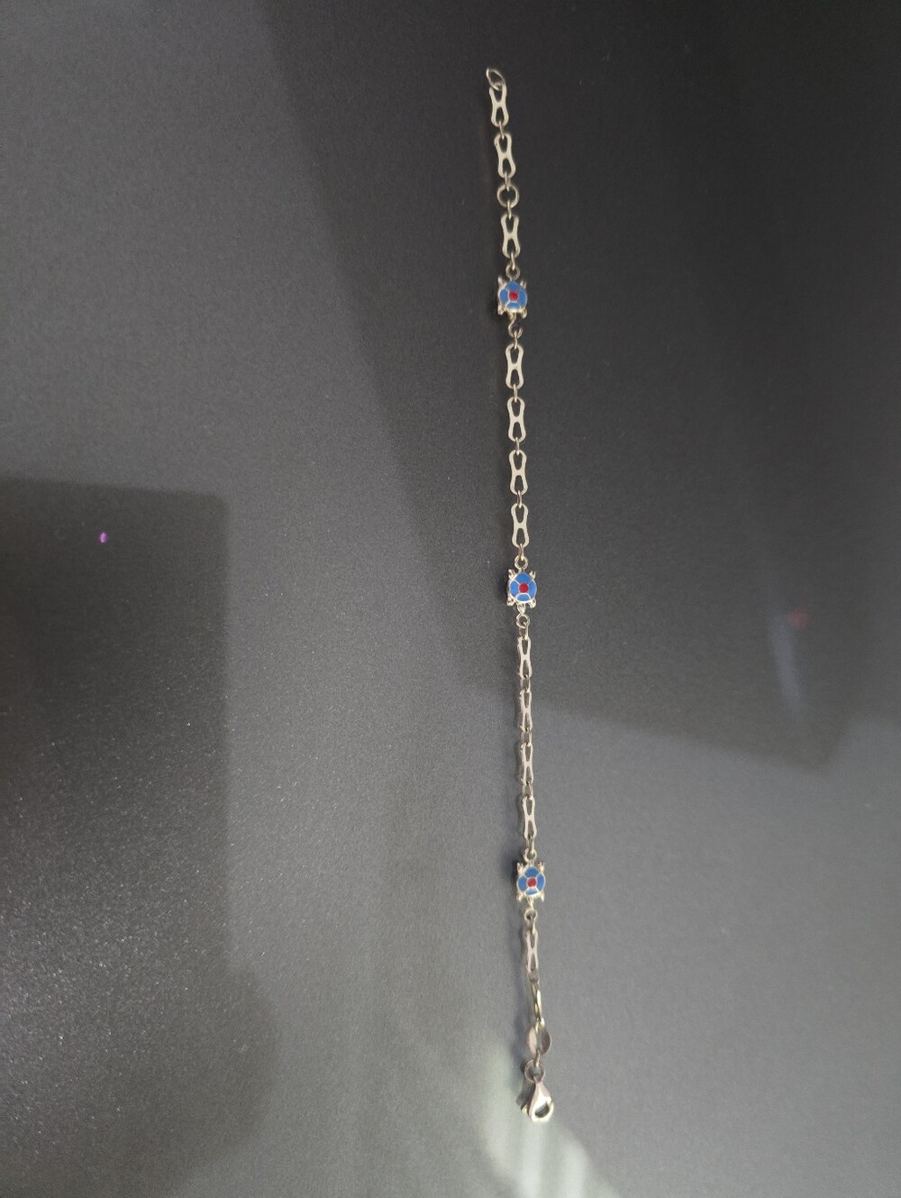 14 K Gold Link Bracelet with Blue and Red Flower Charm - Picture 6 of 12